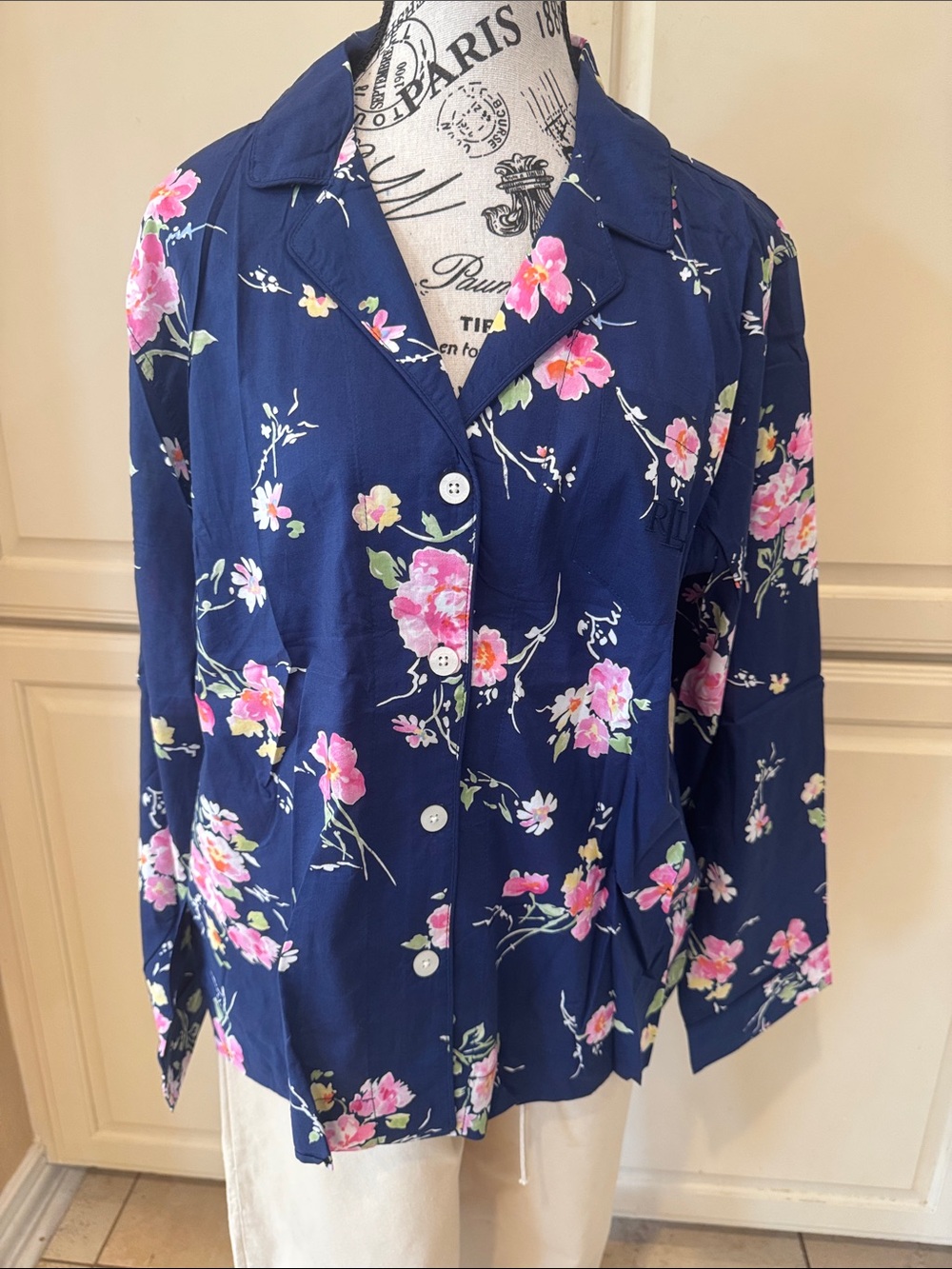 Women's Navy Floral Button-Up Blouse. Pajamas sets with long pants.